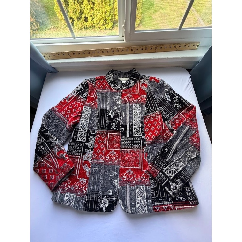 Christopher & Banks Red Black Patchwork Tapestry Zip Front Jacket Womens Large
